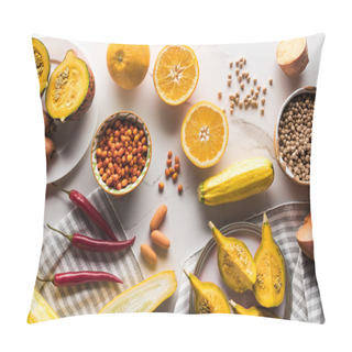 Personality  Top View Of Orange Autumn Fruits And Vegetables On Marble Surface With Berries And Chickpea Pillow Covers