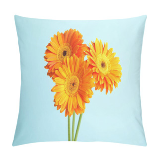 Personality  Bouquet Of Beautiful Bright Gerbera Flowers On Color Background Pillow Covers