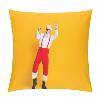 Personality  Christmas Party Hard Clubbing. Full Body Photo Of Cool Funky Santa Claus Hipster In Red Hat Enjoy Newyear Tradition Celebration Dance Wear Shirt Suspenders Isolated Yellow Color Background Pillow Covers