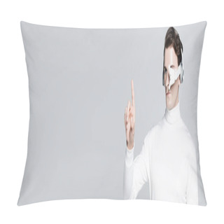 Personality  Cyborg In Headphones Pointing With Finger Isolated On Grey, Banner Pillow Covers