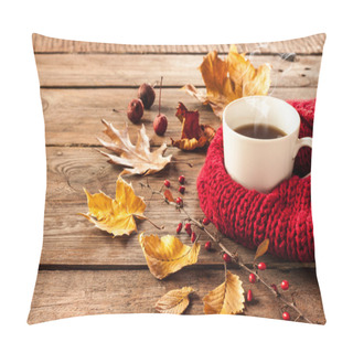 Personality  Hot Coffee And Autumn Leaves On Vintage Wood Background Pillow Covers
