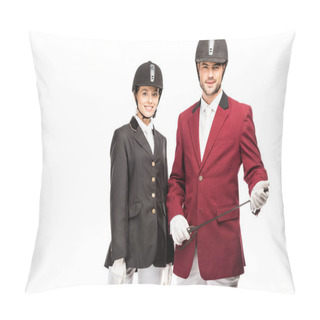 Personality  Attractive Young Equestrians In Uniform And Helmets Looking At Camera Isolated On White Pillow Covers