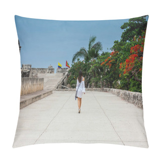 Personality  Beautiful Woman On White Dress Walking Alone At The Walls Surrounding The Colonial City Of Cartagena De Indias Pillow Covers