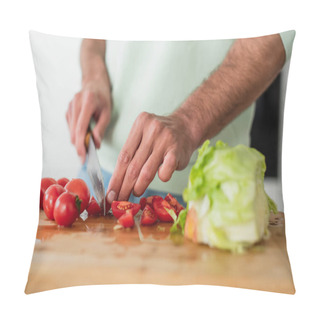 Personality  Cropped View Of Man Cutting Cherry Tomatoes Near Fresh Lettuce In Kitchen Pillow Covers
