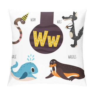 Personality  Fun Animal Letters Of The Alphabet For The Development And Learning Of Preschool Children. Set Of Cute Forest, Domestic And Marine Animals With The Letter W. Vector Pillow Covers