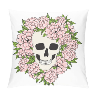 Personality  Skull With Pink Flowers On A White Background. Pillow Covers