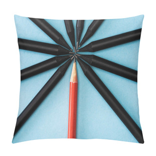 Personality  Top View Of Unique Red Pencil Among Black On Blue  Pillow Covers