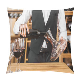 Personality  Cropped Shot Of Wine Steward Pouring Wine Into Decanter At Wine Store Pillow Covers