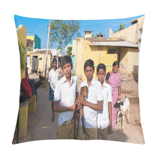 Personality  PUTTAPARTHI, ANDHRA PRADESH - INDIA - NOVEMBER 09, 2016: Indian School Age Boys Dressed Uniform Are Posing At The Street, Outdoor. Pillow Covers