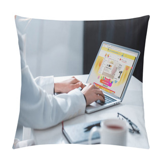 Personality  Cropped View Of Woman Using Laptop With Aliexpress Website On Screen At Office Desk Pillow Covers