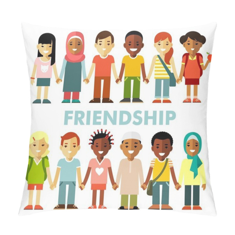 Personality  Friendship concept with different multicultural happy children in flat style pillow covers