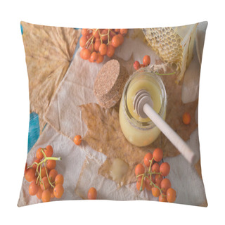 Personality  Rowan Berries, Glass With Honey And Honeycomb On A Sackcloth. . Pillow Covers