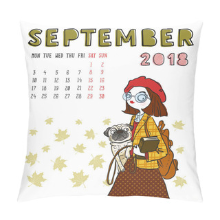 Personality  Calendar 2018, September Month. Season Girl With Dog . Vector Il Pillow Covers