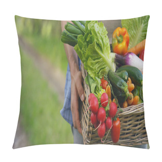 Personality Portrait Of A Happy Young Farmer Holding Fresh Vegetables In A Basket. On A Background Of Nature The Concept Of Biological, Bio Products, Bio Ecology, Grown By Own Hands, Vegetarians, Salads Healthy Pillow Covers