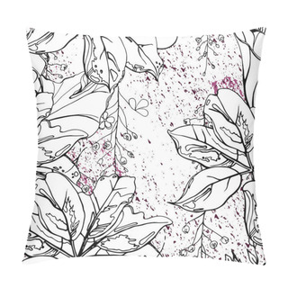 Personality  Floral Black And White Seamless Pattern. Modern Artistic Watercolor Print. Fashion Outline Flowers Surface. Botanic Vector Motif On Ink Stains Texture. Drawing Abstract Leaf. Trend Tropic Background. Pillow Covers