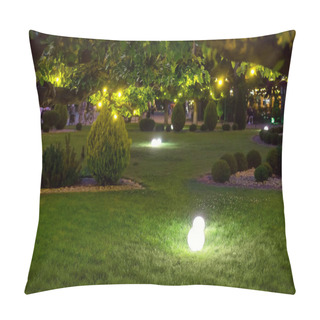 Personality  Illumination Park Light Garden With Electric Ground Ball Lantern With Stone Mulch And Thuja Bushes In Outdoor Landscaped Park With Garland Of Warm Light Bulbs, Illuminate Evening Scene Nobody. Pillow Covers