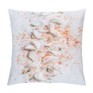 Personality  Elevated View Of Scattered Garlic And Spices On White Table Pillow Covers