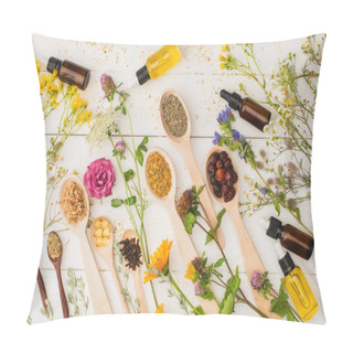 Personality  Top View Of Herbs In Spoons Near Flowers And Bottles On White Wooden Background, Naturopathy Concept Pillow Covers