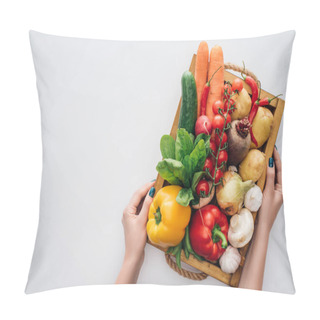 Personality  Cropped Shot Of Person Holding Box With Fresh Ripe Organic Vegetables Isolated On White  Pillow Covers