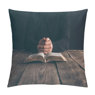 Personality  Cropped Image Of Nun Sitting At Table With Bible And Praying  Pillow Covers