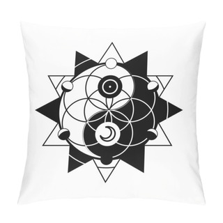 Personality  Yin Yang With Astrological Symbols Together With Flower Of Life In Circle, Vector Sacred Oriental Symbol Pillow Covers