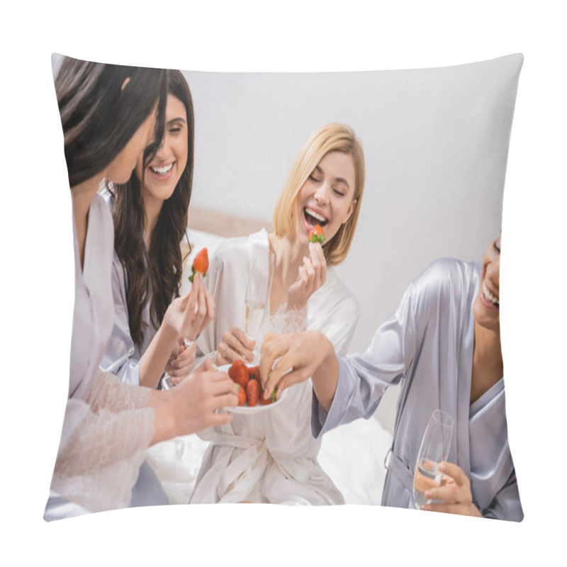 Personality  Strawberries And Champagne, Laughter, Four Women, Bridal Party, Interracial Girlfriends Having Fun, Brunette And Blonde, Bride And Her Bridesmaids Spending Time Together, Cultural Diversity  Pillow Covers