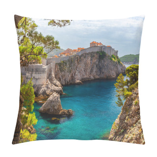 Personality  Dubrovnik Old Town With Turquoise Water Bay On Adriatic Sea, Dalmatia, Croatia. Medieval Fortress On The Sea Coast. Popular Travel Destination. Travel Background. Pillow Covers