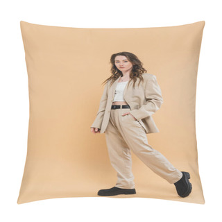 Personality  Fashion Trend Concept, Young Woman With Wavy Hair Walking In Fashionable Suit And Looking At Camera On Beige Background, Hand In Pocket, Classic Style, Professional Attire  Pillow Covers