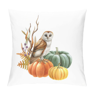 Personality  Barn Owl On Pumpkins Floral Autumn Decor. Watercolor Illustration. Hand Drawn Cozy Floral Autumn Decor With Owl Bird. Pumpkins, Fern, Berries, Leaves Floral Decoration Pillow Covers