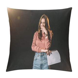 Personality  Laughing Actress With Screenplay On Black With Dramatic Lighting Pillow Covers