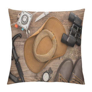 Personality  Top View Of Hat, Boots, Hiking Poles, Binoculars, Jackknife And Gas-burner On Wooden Surface Pillow Covers