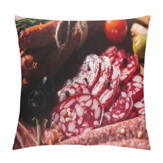 Personality  Close Up View Of Delicious Sliced Salami With Vegetables And Spices On Wooden Cutting Board Pillow Covers