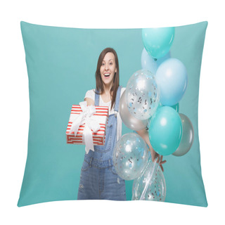 Personality  Excited Young Woman Hold Red Striped Present Box With Gift Ribbo Pillow Covers