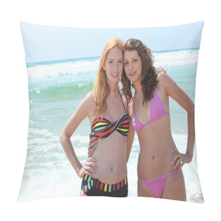 Personality  Two Young Women In Bikinis Posing In The Surf Pillow Covers