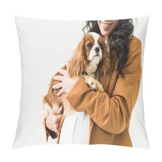 Personality  Cropped View Of Laughing Pregnant Woman In Brown Jacket Holding Dog Isolated On White Pillow Covers