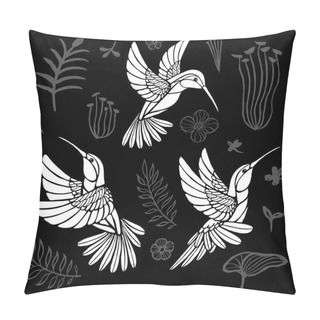 Personality  Hummingbirds With Floral Elements Black Birds In Lines On White Background Tattoo Sketch Style. Hand Drawn Vector Illustration. Pillow Covers