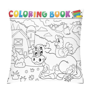 Personality  Coloring Book Cow Near Farm Theme 3 Pillow Covers