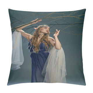 Personality  A Young Woman In A Blue Dress Resembling An Elf Princess, Delicately Holds A Branch In A Studio Setting. Pillow Covers