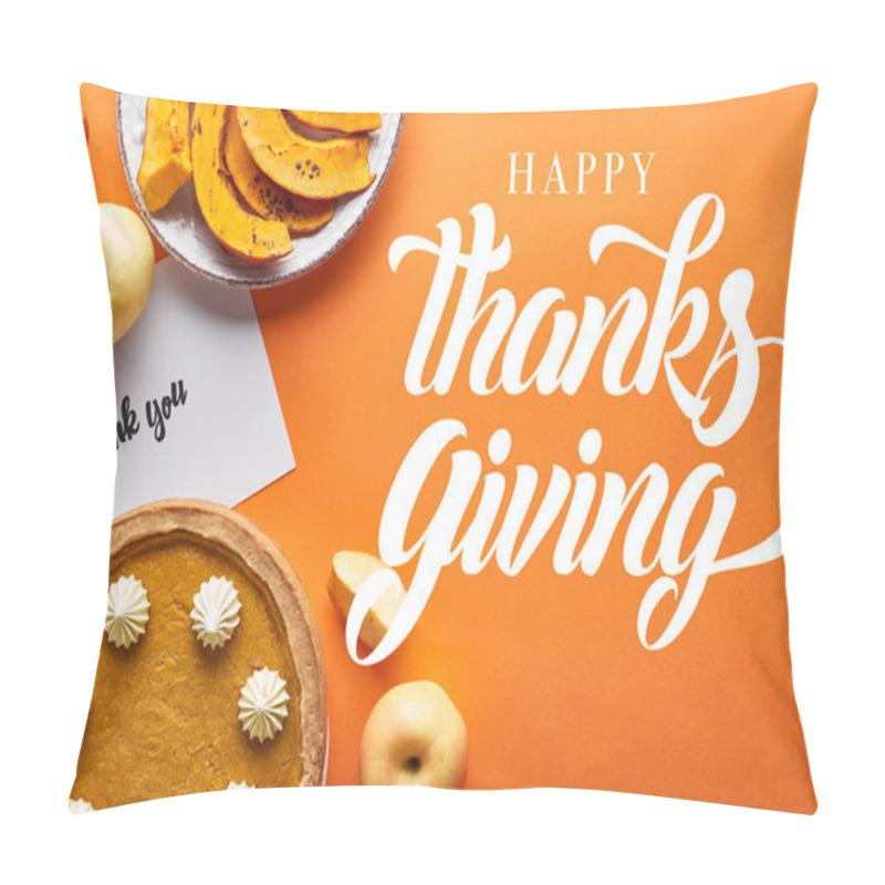 Personality  top view of pumpkin pie, ripe apples and thank you card on orange background with happy thanksgiving illustration pillow covers