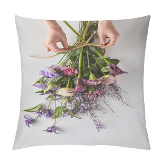Personality  Cropped View Of Woman Adjusting Bow On Bouquet Of Violet Flowers On White Background Pillow Covers