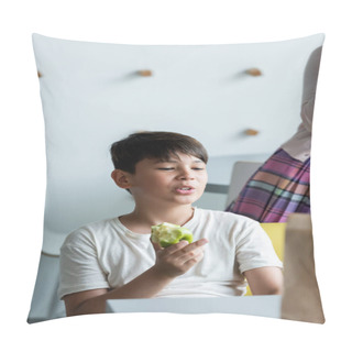 Personality  Asian Boy Eating Apple And Pointing With Middle Finger While Talking In Dining Room Pillow Covers