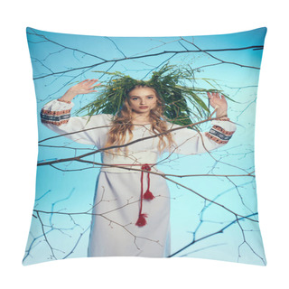 Personality  A Young Mavka, Draped In A Traditional Outfit Embellished With Ornate Details, Stands Gracefully In Front Of Intertwining Branches. Pillow Covers