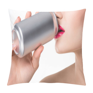Personality  Cropped View Of Girl Drinking Soda From Can, Isolated On White Pillow Covers