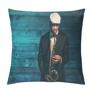 Personality  Vintage African American Jazz Musician With Saxophone In Front O Pillow Covers