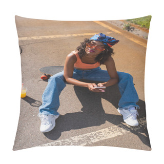 Personality  High Angle View Of African American Woman In Sunglasses Sitting On Longboard And Using Smartphone Near Plastic Cup On Asphalt  Pillow Covers