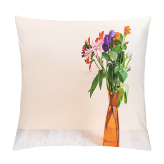Personality  Floral Composition With Bouquet In Orange Vase On Wooden Surface On Beige Background Pillow Covers