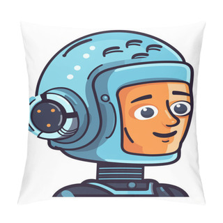 Personality  Smiling Cartoon Astronaut Blue Helmet. Friendly Space Explorer Character Vector Illustration. Space Adventure, Kids Imagination, Cartoon Spaceman Concept Pillow Covers