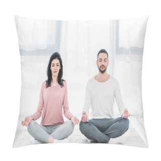 Personality  Woman And Man With Eyes Closed Sitting In Lotus Pose And Meditating At Home Pillow Covers