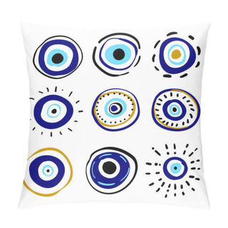 Personality  Greek Evil Eye Vector Symbol Of Protection. Amulet Icon. Turkish Nazar Boncugu Amulet Illustration. Believed That It Protects Against Evil Eye. Hand Drawn Collection. Set Of Blue Turkish Eyes  Pillow Covers