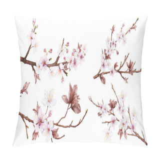 Personality  Set Of Watercolor Viva Magenta Cherry Blossoms Blooming On The Branches. Cherry Blossom And Leaves Branch Bouquet Isolated On White Background. Suitable For Decorative Invitations, Posters, Or Cards. Pillow Covers